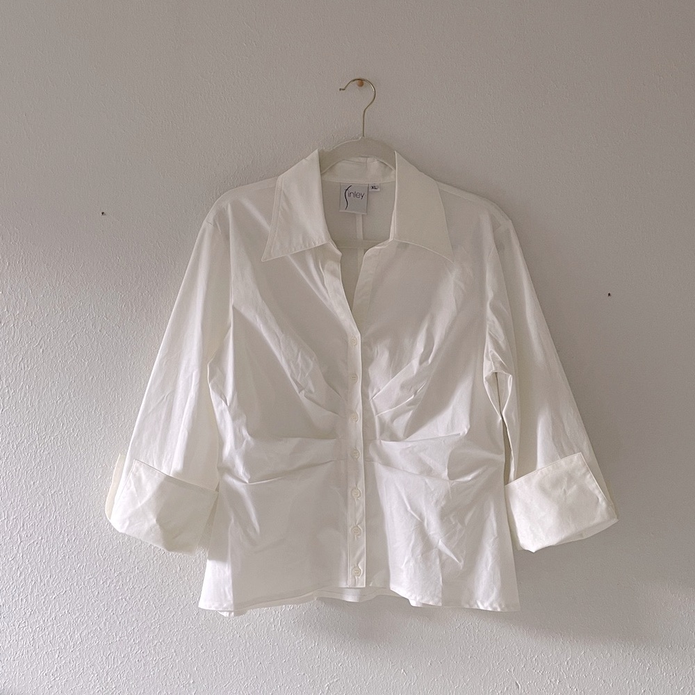 Finley Cropped White Shirt Career Button Up Blouse Business Lunch